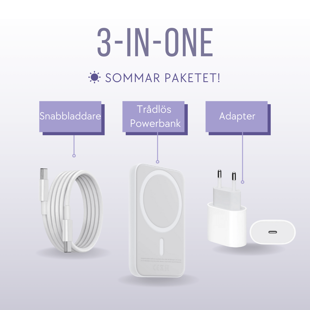 3 - i - 1 Laddningspaket – Trådlös Powerbank + Snabbladdare+ Adapter - PhonePro.se