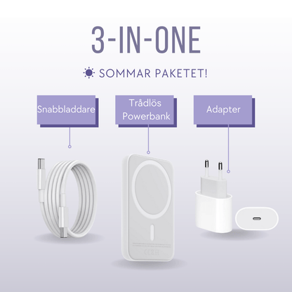 3 - i - 1 Laddningspaket – Trådlös Powerbank + Snabbladdare+ Adapter - PhonePro.se
